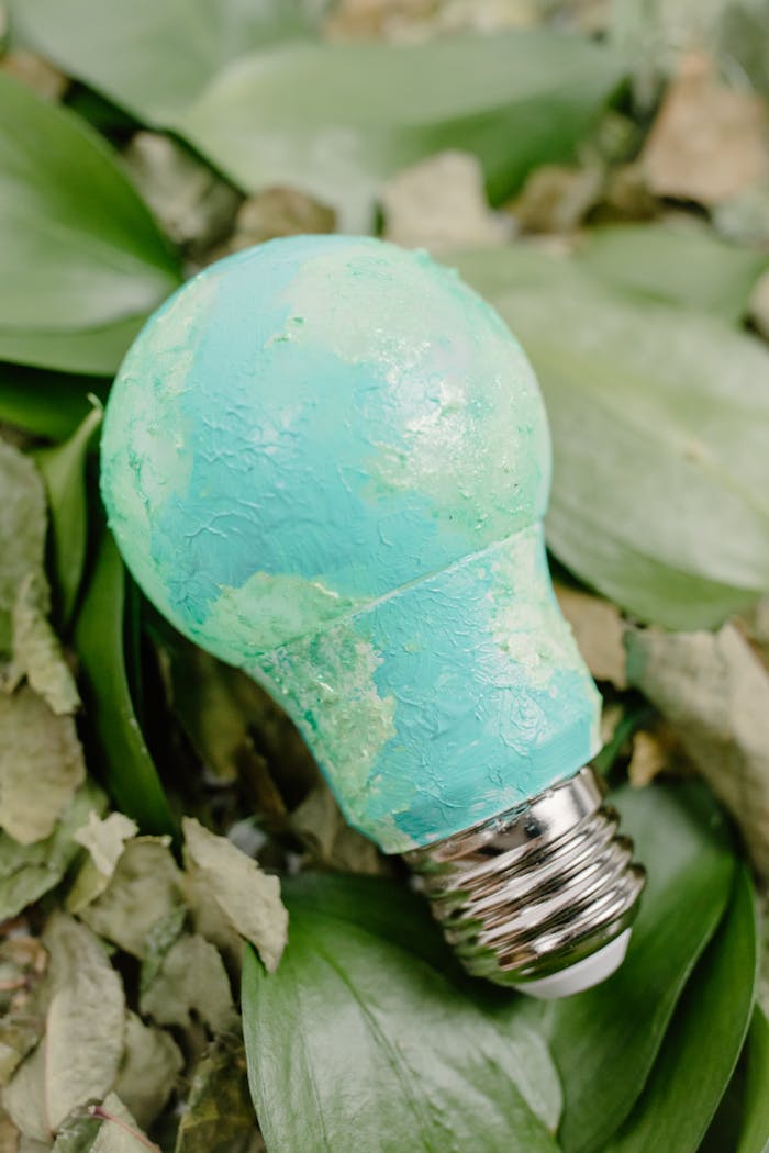 Creative image of a light bulb on green leaves symbolizing eco-friendly energy solutions.